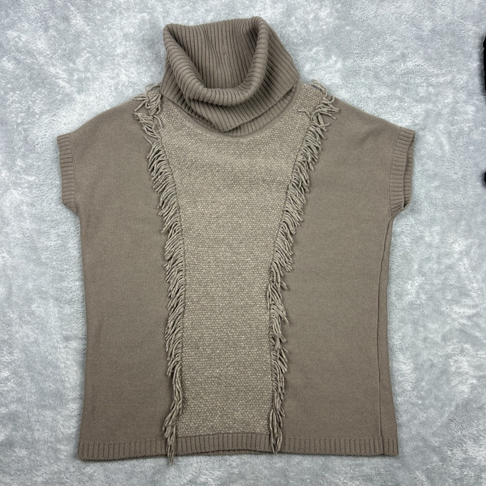 Lafayette‎ 148 Wool Turtleneck Poncho Sweater Brown Size M Org $348 Fringe Boho